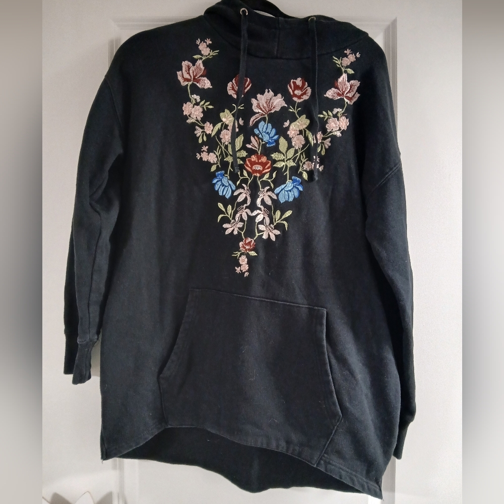 Cotton On Black Hoodie with Floral Embroidery